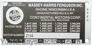 Massey Ferguson 202 Engine Serial Number Tag MFSNTAG